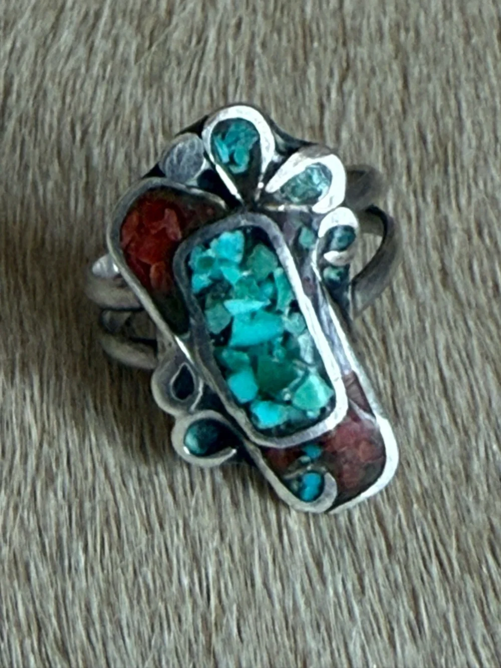 Sterling Silver Turquoise & Coral Inlay Ring - Women's Jewelry - Picture 2 of 8
